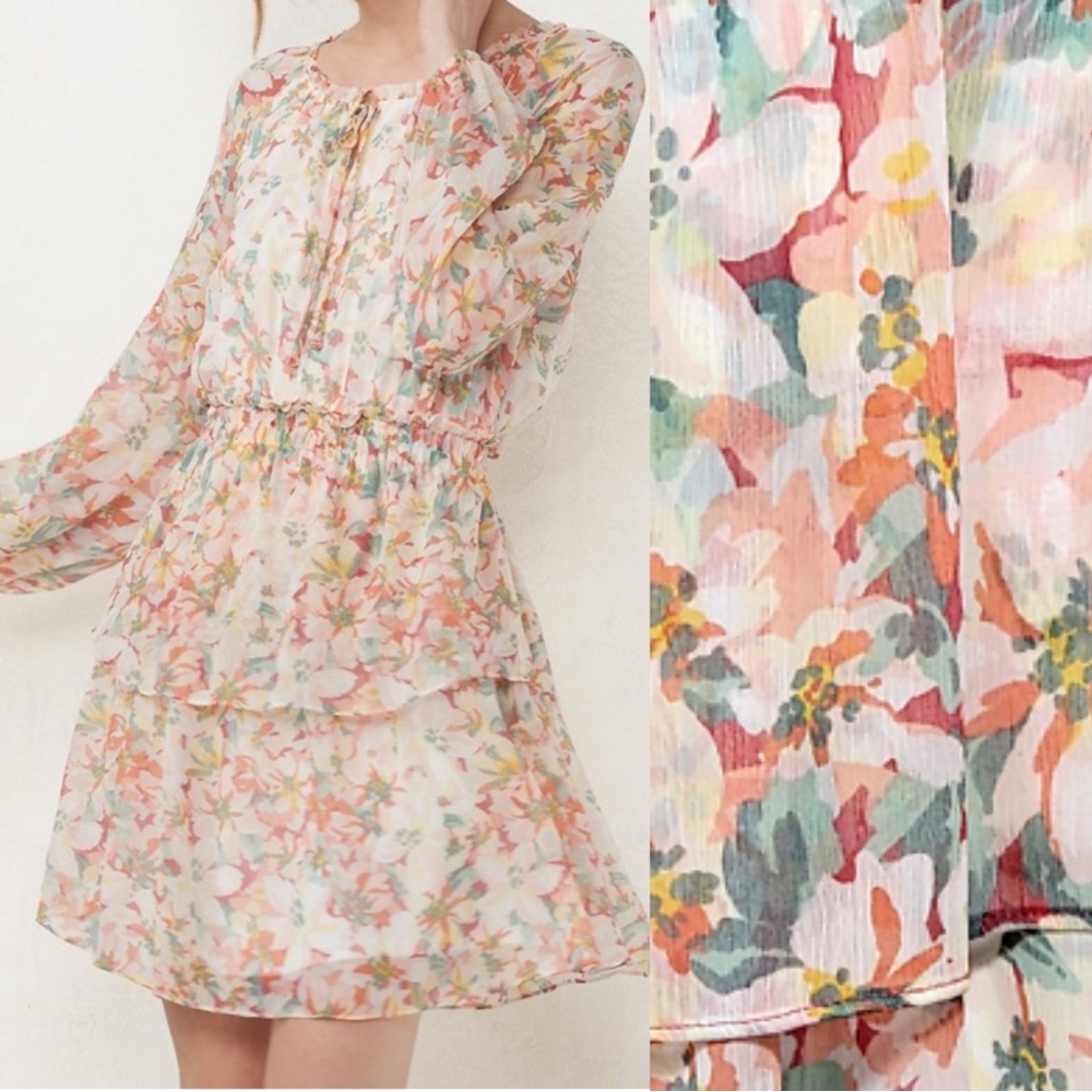 LC Lauren Conrad Peach Floral Tiered Chiffon Mini Dress S